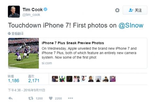 苹果公司CEO蒂姆·库克分享iPhone7 Plus拍摄的照片